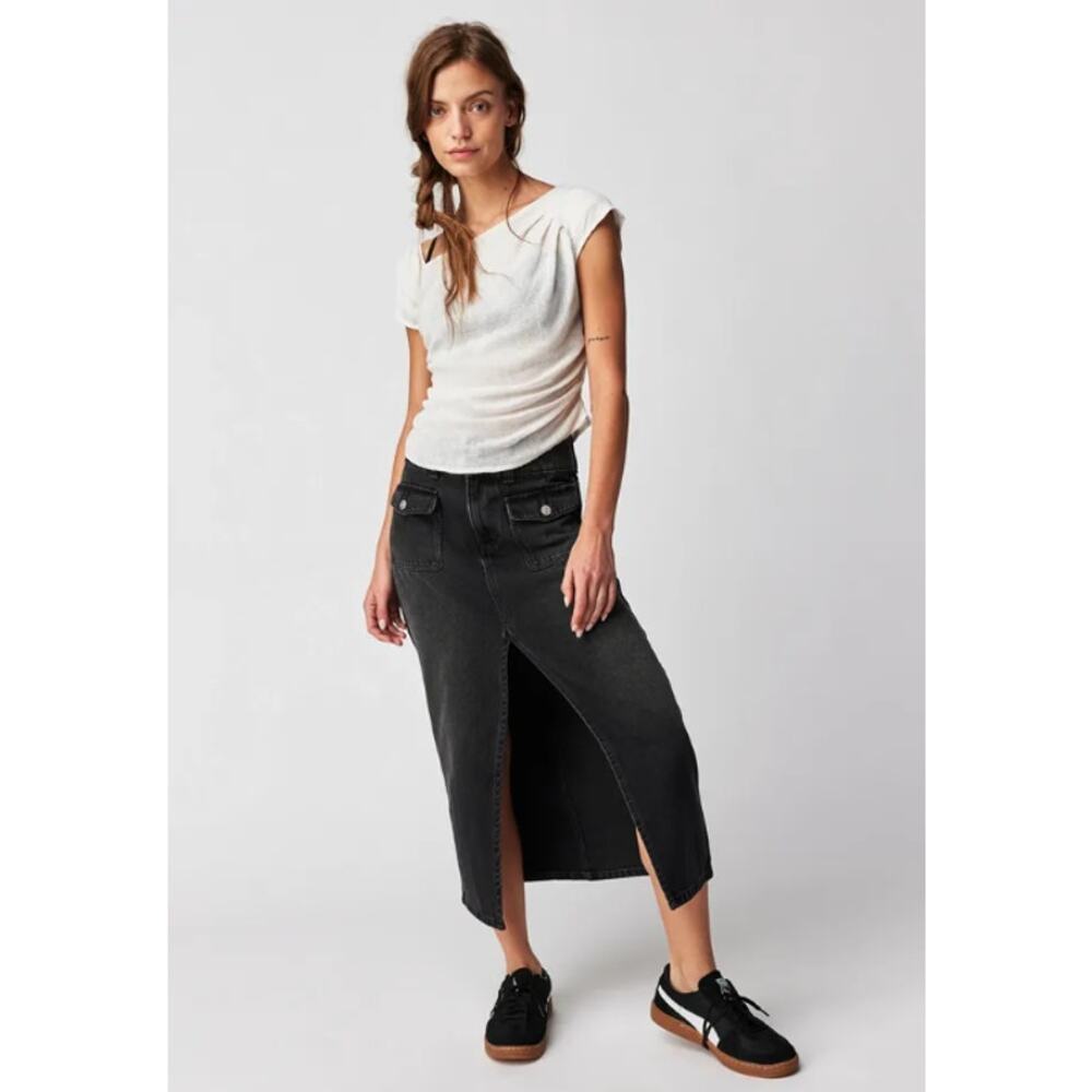 Free People We The Free Madison Midi Denim Skirt Black Size 24 NWOT‎